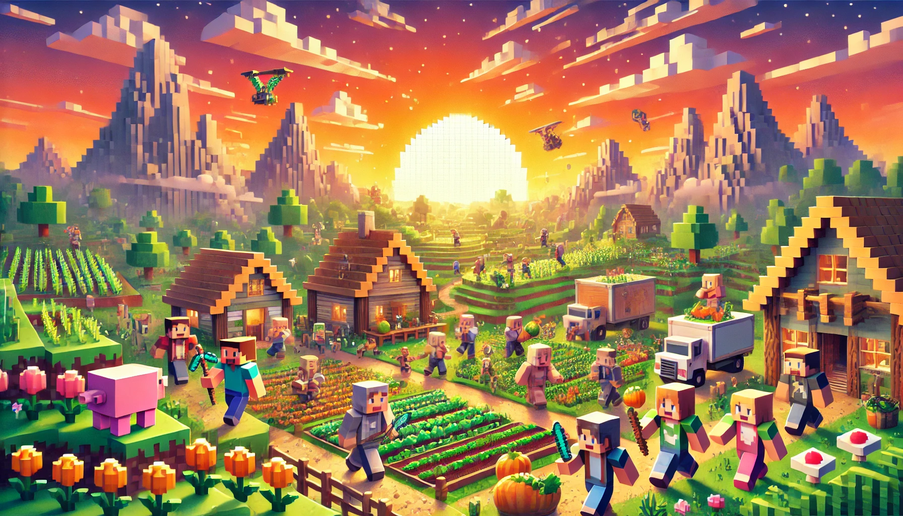 vibrant Minecraft scene showcasing a bustling village filled with players