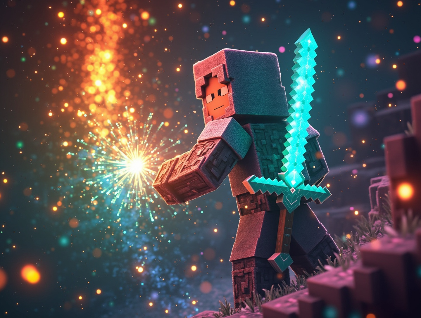 Minecraft as shimmering particles swirl around players, illuminating the air with vibrant hues