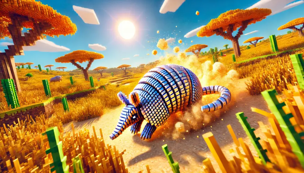 In the sun-drenched savanna, a vibrant Minecraft armadillo scuttles across the golden grasslands