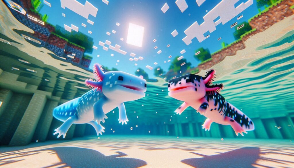 Two Axolotls are playing in a Mc world. One is blue with white spots and the other is pink with black spots. They are swimming in a clear blue water with a sandy bottom.