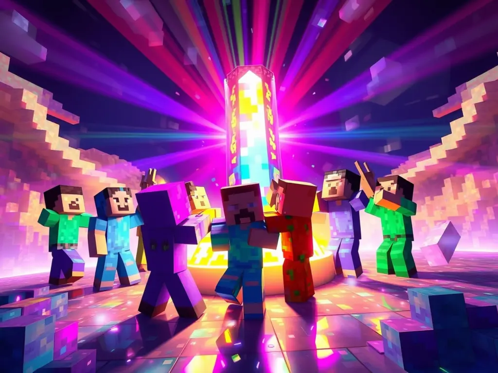 Minecraft beacon pulsates with radiant light, casting colorful beams into the pixelated sky.