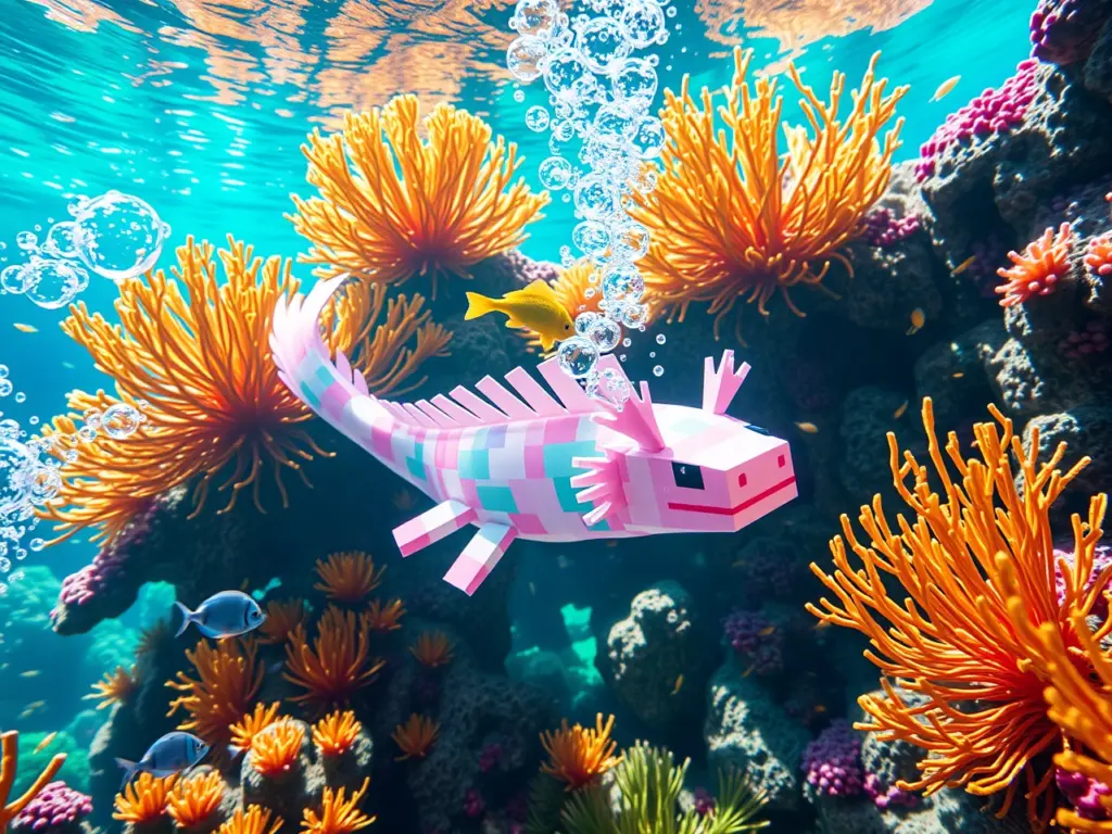 In a vibrant underwater world, a playful Minecraft axolotl glides gracefully through crystal-clear waters