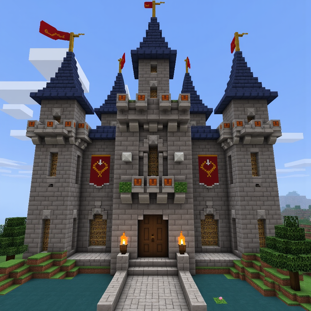 A detailed Minecraft Medieval Castle featuring stone bricks, cobblestone, and wood, with towering ramparts, a grand entrance, a throne room, an armory, and a dungeon, all set in a vibrant, dynamic environment