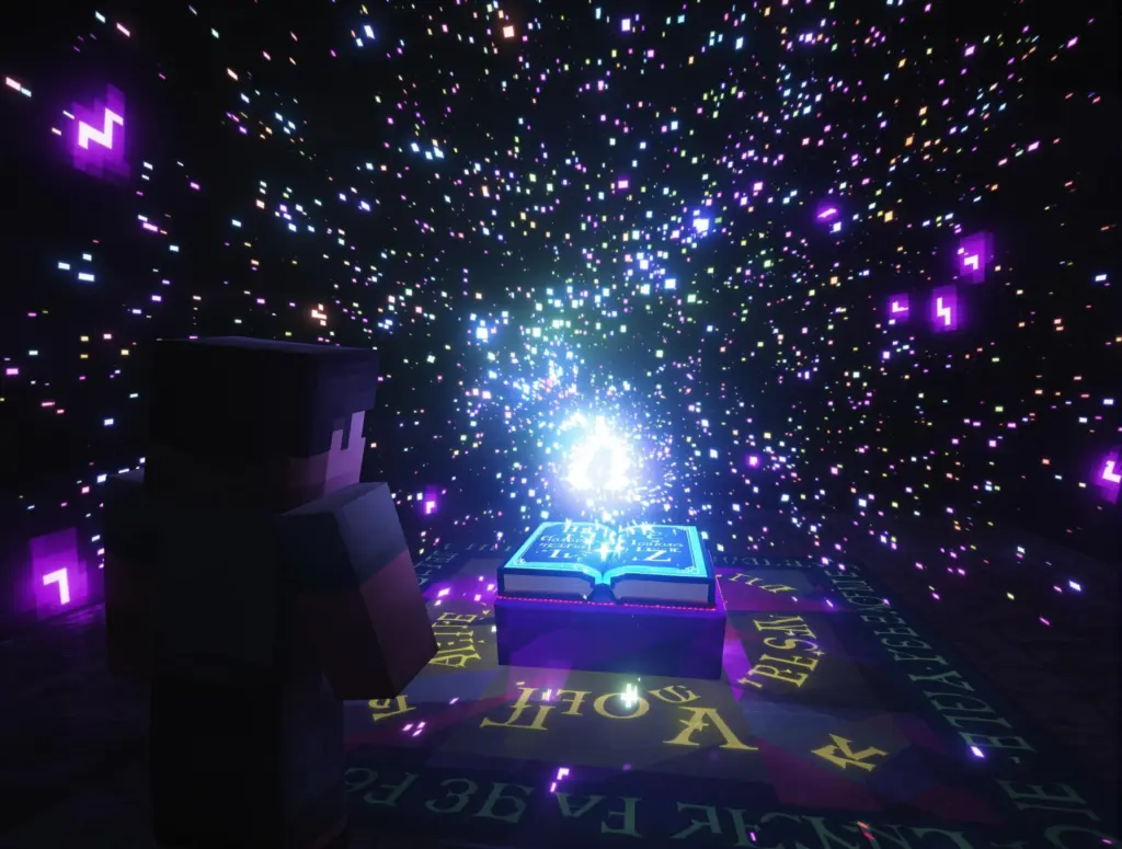 a Minecraft player approaches a mystical enchanting table, its surface aglow with shimmering runes. As they place a book atop the table, vibrant particles swirl around, illuminating the air with a kaleidoscope of colors. With a swift motion, the player selects enchantments, and the book radiates a brilliant light, pulsating with magical energy. The enchanting process culminates in an explosion of sparkles, leaving behind a beautifully adorned book, ready to wield its newfound powers.