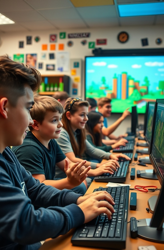 Students engaging in a discussion while playing Minecraft