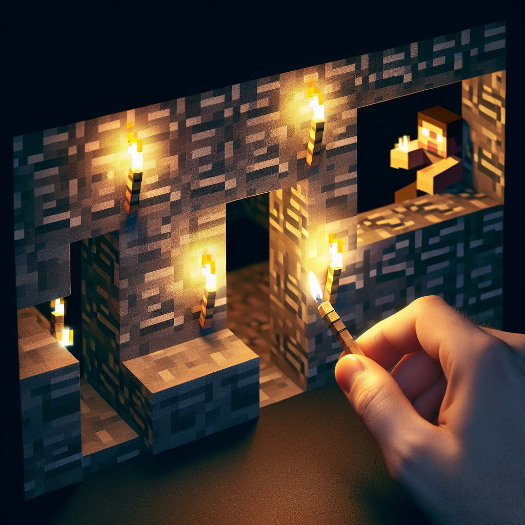 A Minecraft player placing torches to illuminate a cave and prevent mob spawns