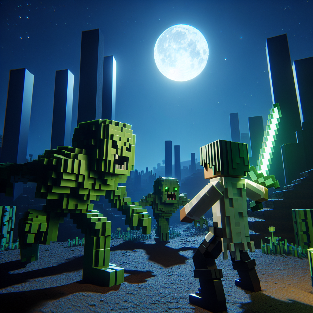 A Minecraft player battling hostile mobs at night