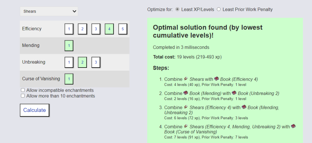 Minecraft Enchantment Calculator