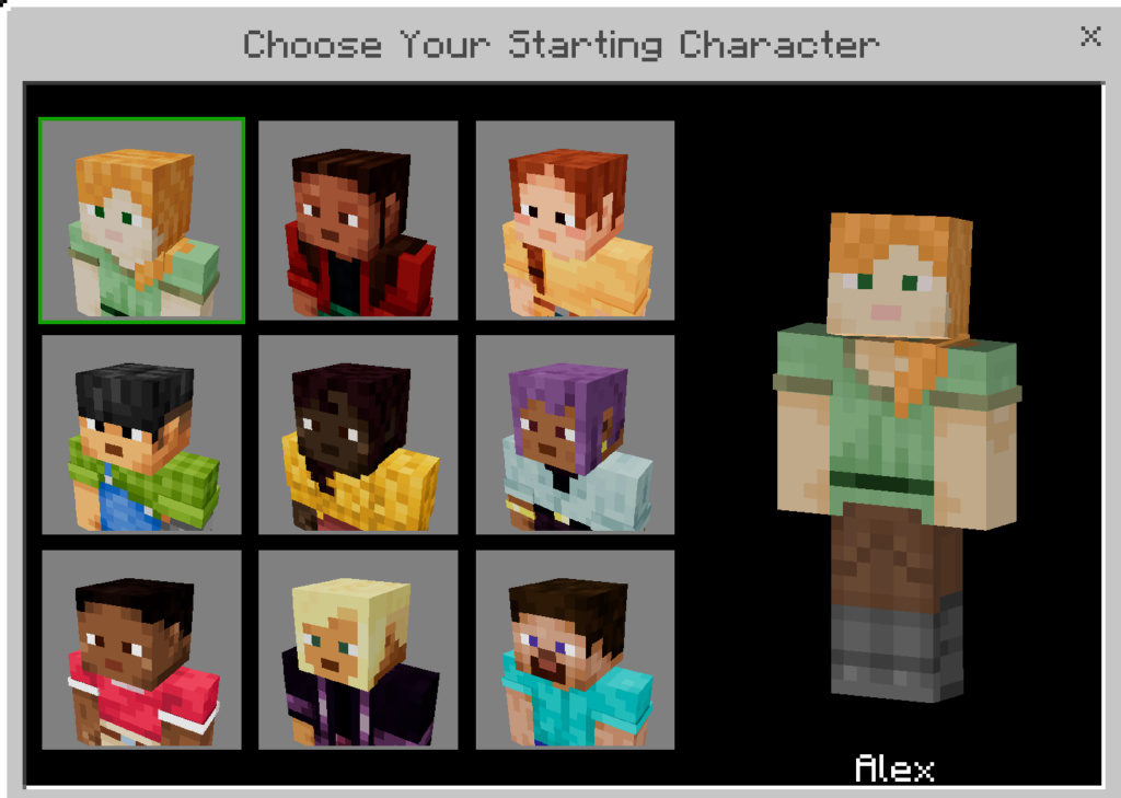 Choosing Alex in Minecraft Bedrock edition