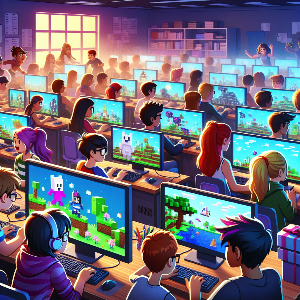 A classroom of students playing Minecraft