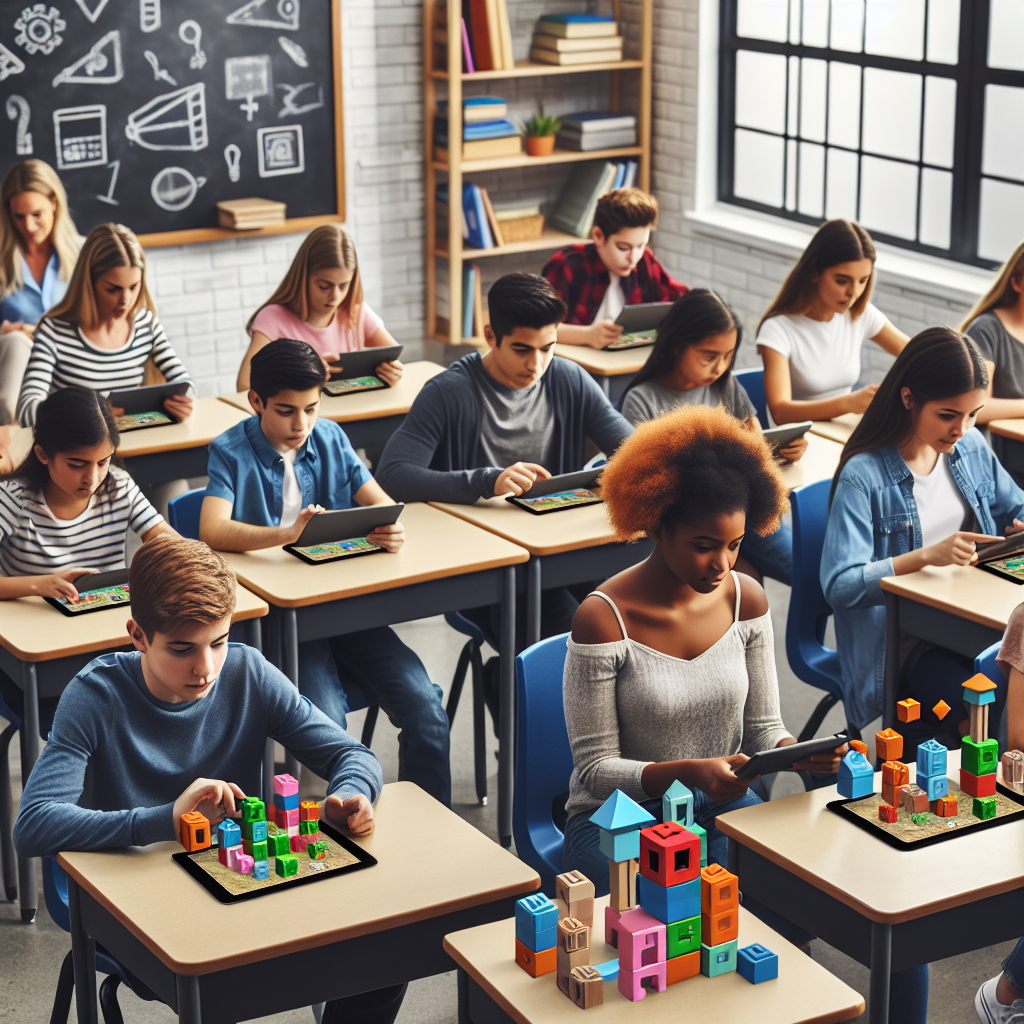 Students using Minecraft Education Edition on tablets in a classroom