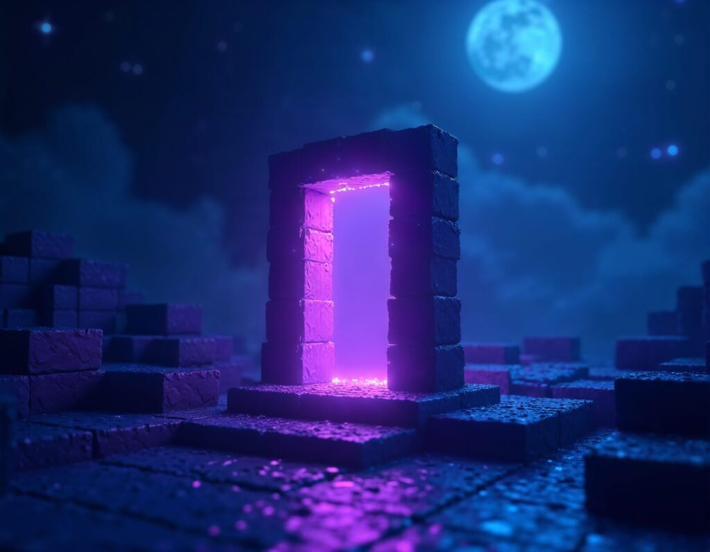 A Minecraft-style image featuring a large, violet portal made of black obsidian blocks.